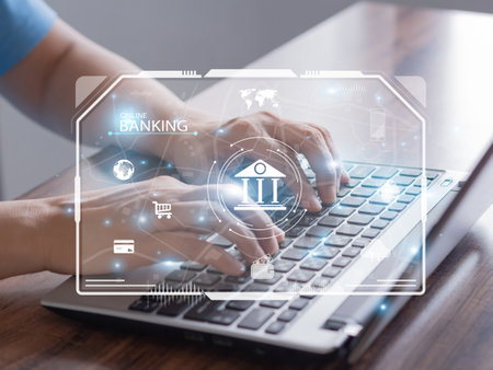 Online banking concept. online financial transactions digital technology business on virtual screen with icon payment, shopping, security, and the globe. man using laptop to do finの写真素材