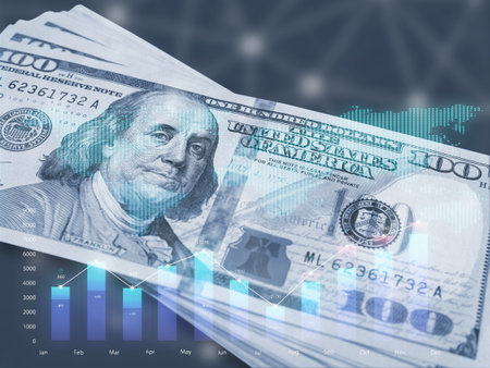Business analysis, financial investment and technology concept. development to success and growing growth, analyzing financial graph on 100 dollar banknotes on dark blue background.の写真素材