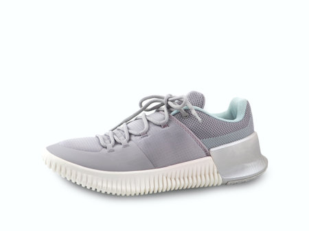 New Grey-light green sneakers isolated on white background. Unisex sports footwear, fashion style pair of casual sports shoes, Mock-up for sneaker design, logo, a product of sport.の写真素材