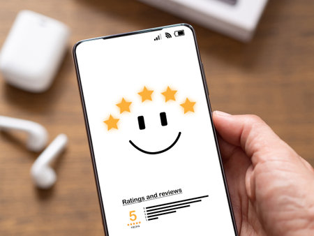Customers using smartphone to send satisfaction surveys with smiley face icon of 5 stars and...