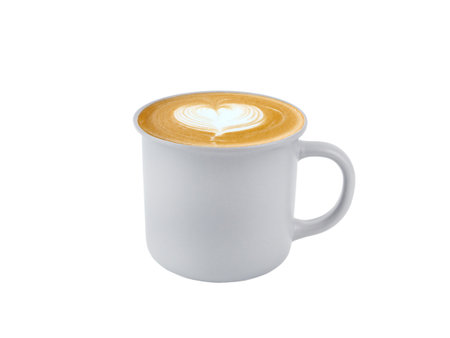 Hot latte coffee with art heart shape in grey ceramic mug isolated on whithe background. space for your text.の写真素材