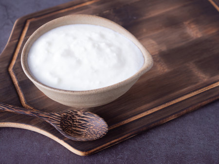 Greek yogurt in a gray oval clay bowl and wooden spoon on wooden chopping board. Close up with copy spaceの写真素材