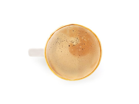 Top view, flat lay hot coffee in white mug with brown rim isolated on white background.の写真素材