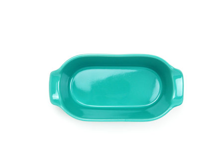 Top view, empty green rectangle ceramic bowl with two handles isolated on a white background. Use for home or restaurant, food design. Kitchen accessory.の写真素材