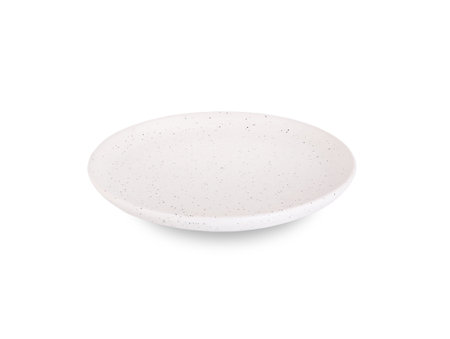 Front view, empty grey round ceramic plate with dotted isolated on a white background. Use for home or restaurant, food design. Kitchen accessory.の写真素材