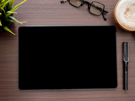 Template, mock-up digital tablet pc computer with blank black screen and pen, coffee cup, glasses,...