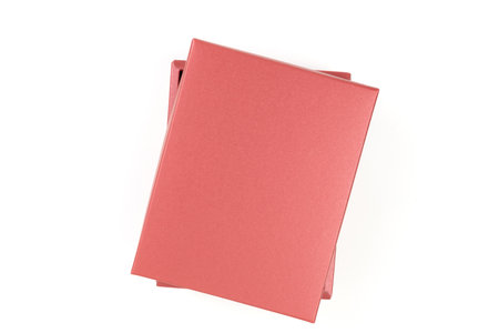 Top view, red gift box isolated on a white background. Gift box concept for happy birthday, thank you, congratulation, mother's day, anniversary, Valentine's day, and holiday.の写真素材