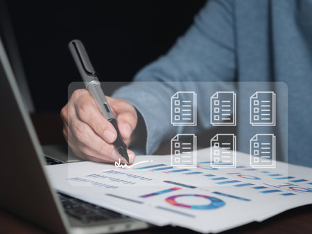 Company employees sign documents at home by the internet. Online electronic signature document concept. Business and technology concept. Paperless office.の写真素材