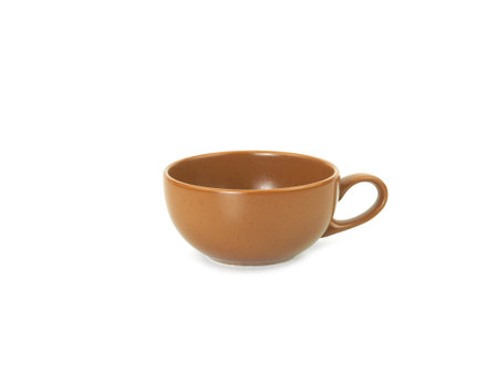 Side view, empty brown mug isolated on white background. Blank brown ceramic cup mockup and template for design, banner. Use for home or restaurantの写真素材