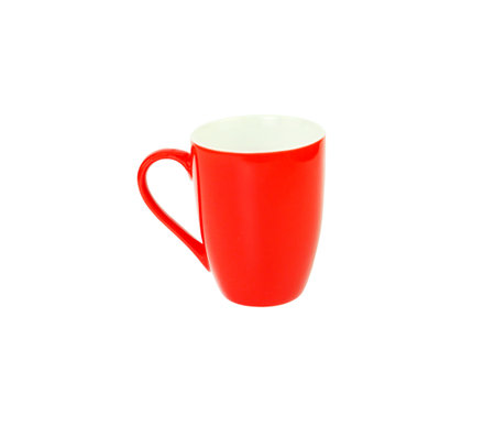 Empty red mug or cup for coffee or tea isolated on white background. Use for home or restaurant, food design. Concept kitchen utensils and tableware. Side view.の写真素材