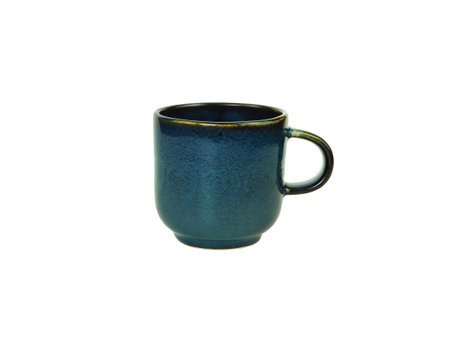 Side view, empty dark blue mug isolated on white background. Blank dark blue mug ceramic cup mockup and template for design, and banner. Use for home or restaurantの写真素材