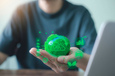 Man holding a model globe of icon net zero natural energy. Net-zero and carbon-neutral concept....