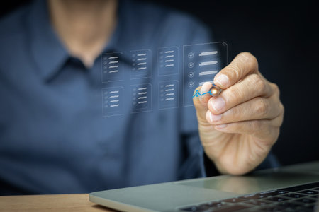 Hand with stylus interacting with virtual interface to sign electronic documents. Concepts...
