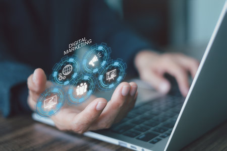 Online marketing, E-business, Business online concept. Hand shows the sign and icon of Digital marketing internet advertising. Business and technology background.の写真素材