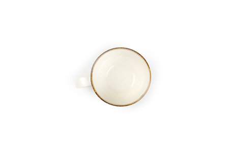 Top view, Beige ceramic coffee cup or tea with brown rim isolated on a white background. Use for home or restaurant.の写真素材