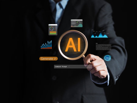 Businessman using a magnifying glass to analyze AI-powered data analytics on a virtual dashboard. Concept of business intelligence (BI), financial analysis, and technology for strategic planning.の写真素材