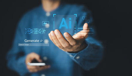 Businessman hand commands artificial intelligence via prompt for content creation, generative AI on a futuristic virtual interface. Data analysis, and digital innovation. Future of technology.の写真素材