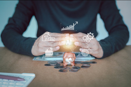 AI-driven smart savings and financial planning concept. A person interacts with interface powered by artificial intelligence to analyze income, set budget goals, optimize future wealth accumulation.の写真素材