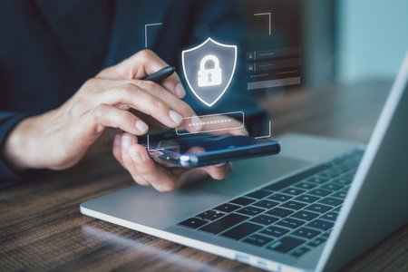 Businessman using a password for secure login on a smartphone. Cybersecurity concept represents data protection, user authentication, online privacy, network security technology for account access.の写真素材