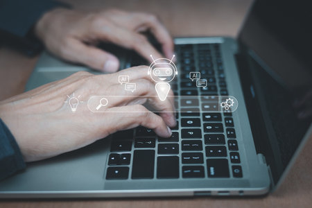 Concept of smart virtual assistant, generative AI, Big Data analysis, and future of online search. Man using laptop with AI chatbot search bar interface integration of artificial intelligence.の写真素材
