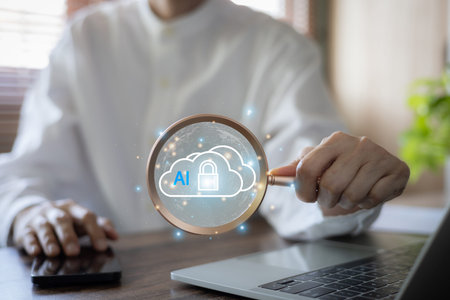 Businessman holding magnifying glass focused on AI cloud security padlock icon. Concept of cloud...