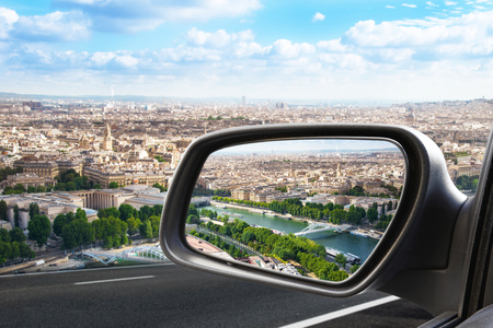 Paris view through a rearview mirrorの写真素材