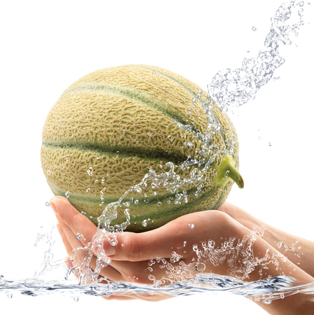 fresh melon falling in waterの写真素材