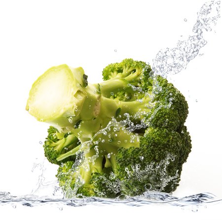 Fresh cabbage falling in pure waterの写真素材