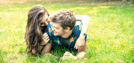 young couple has fun in the parkの写真素材