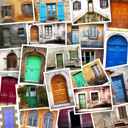 collage of typical vintage  wooden doorsの写真素材