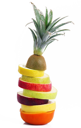 fresh fruit slices on white backgroundの写真素材