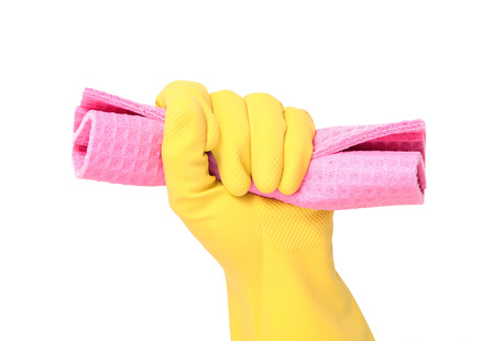 isolated hand with glove and sponge on white background