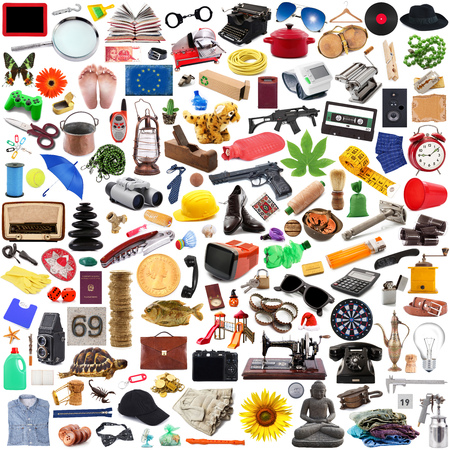 Collection of objects in chaos on white backgroundの写真素材