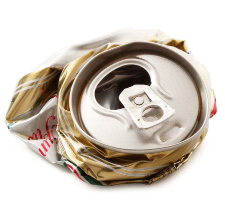 Crushed aluminum can on white background