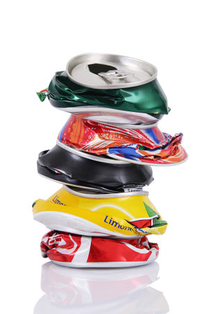Crushed stacked aluminum can on white background