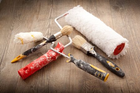 Painters Tools on wooden backgroundの写真素材