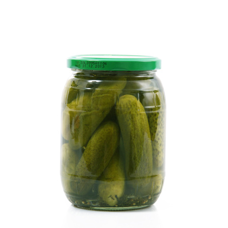 jar of cucumbers on white backgroundの写真素材