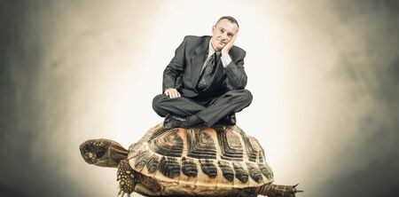 Manager sitting on a turtleの写真素材
