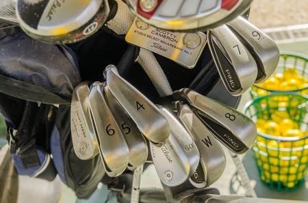 KIEV, UKRAINE - MARCH 29: Golf case with variety of dirfferent golf sticks in Kiev golf club "Golfstreem". 29 March 2015 Kiev. Ukraineのeditorial素材