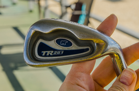 KIEV, UKRAINE - MARCH 29: Hanging a golf stick in a hand in Kiev golf club "Golfstreem". 29 March 2015 Kiev. Ukraineのeditorial素材