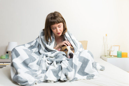 Taking care of dog in warm blanket in bed. Young woman petting her lazy staffordshire terrier dog in throw plaid in minimalistic bedroom environmentの写真素材