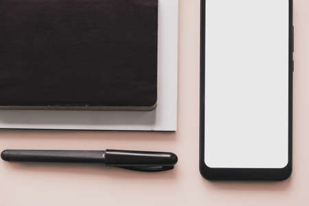 Business flat lay on pastel background. Smartphone, writing pen and notebook organizer on...