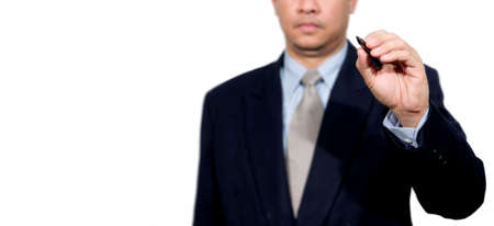 Hand of business man write or writing on tablet pc touch screen の写真素材