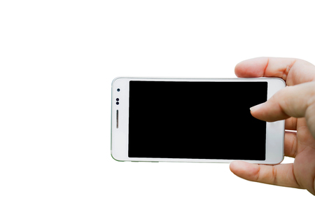 hand holding smartphone blank screen taking photoの写真素材