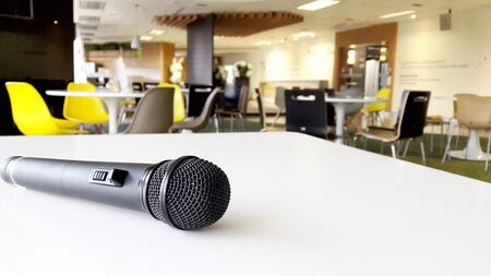 Microphone Close up in conference roomの写真素材