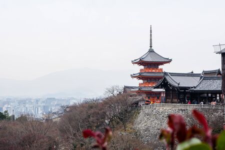 Kyoto, Japan December 17, 2017: The Kiyomizu-dera Buddhist Temple grounds and the skyline of Kyotoのeditorial素材