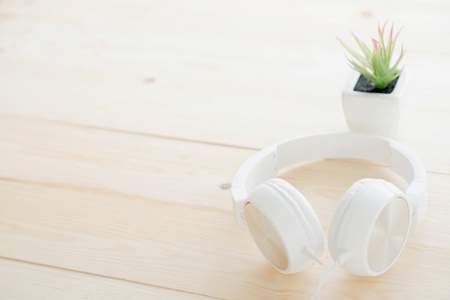 Headphones on the table. Relax concept.の写真素材