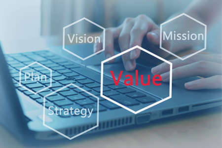 Woman working hand on keyboard close up, business model with value concern, business concept