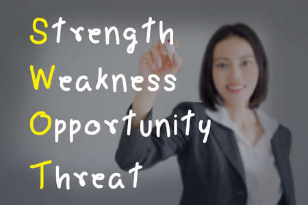 businesswoman writing swot analysis. Business concept