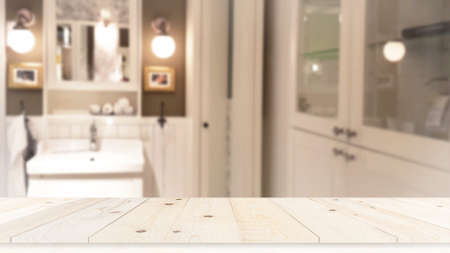 Wood tabletop on blur bathroom background, design key visual. Top table.